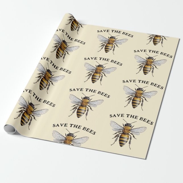 Save the Bees Beige Wrapping Paper (Unrolled)
