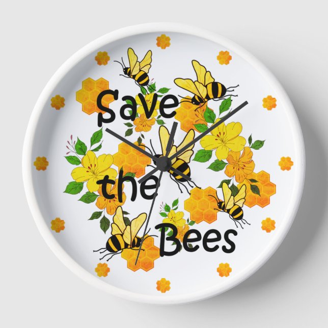 Save the bees, Honeycomb and Yellow Flowers Clock (Front)