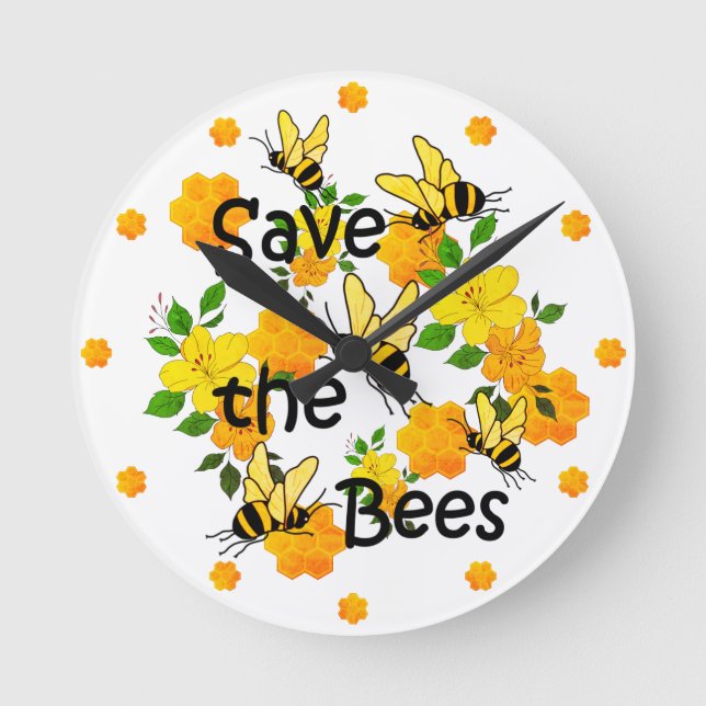 Save the bees, Honeycomb and Yellow Flowers Round Clock (Front)