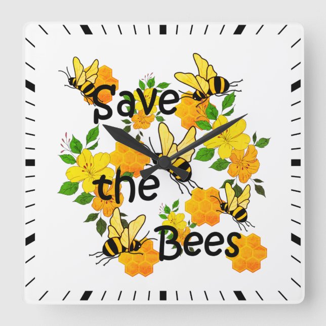 Save the bees, Honeycomb and Yellow Flowers  Square Wall Clock (Front)