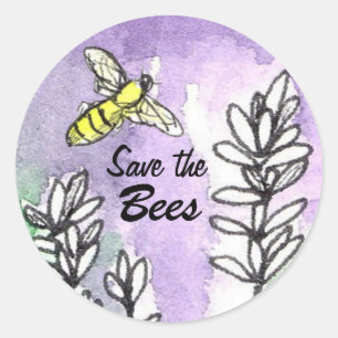 Save the Bees Lavender Flowers Watercolor Classic Round Sticker