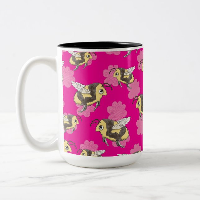 Save the bees on pink floral background Two-Tone coffee mug (Left)