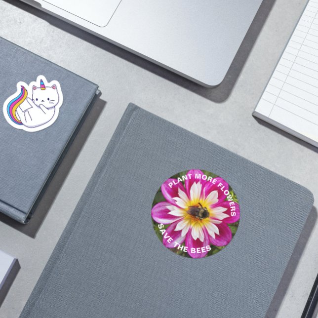 Save the Bees Pink Dahlia Floral Classic Round Sticker (In Situ Book)