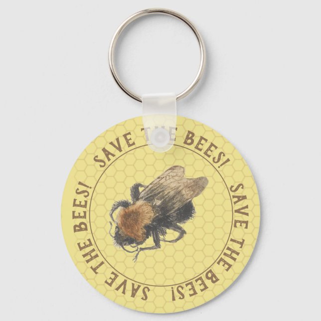 Save the Bees | Vintage Honeybee & Honeycomb Key Ring (Front)