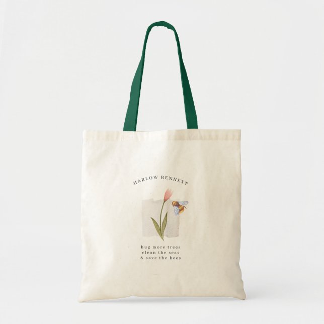 Save the Bees | Watercolor Floral Monogram Tote Bag (Front)