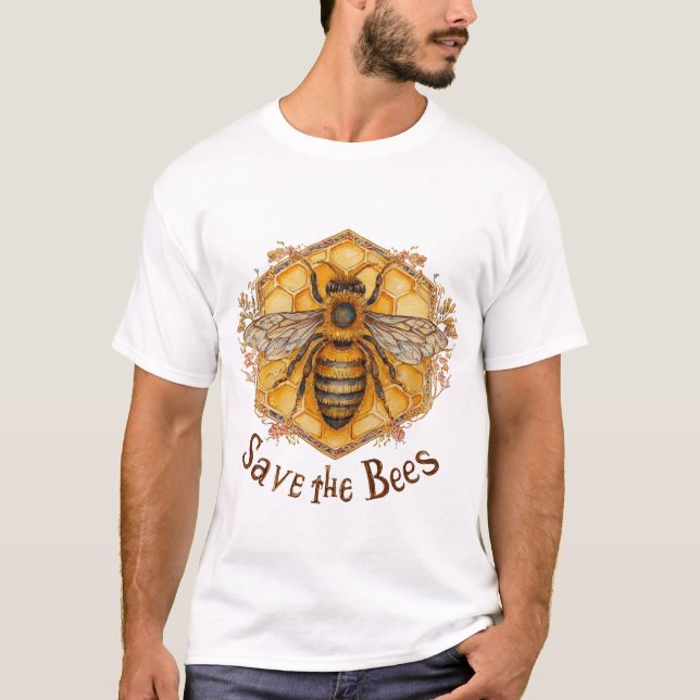 Save the Bees — Watercolor Honeycomb & Floral T-Shirt (Front)
