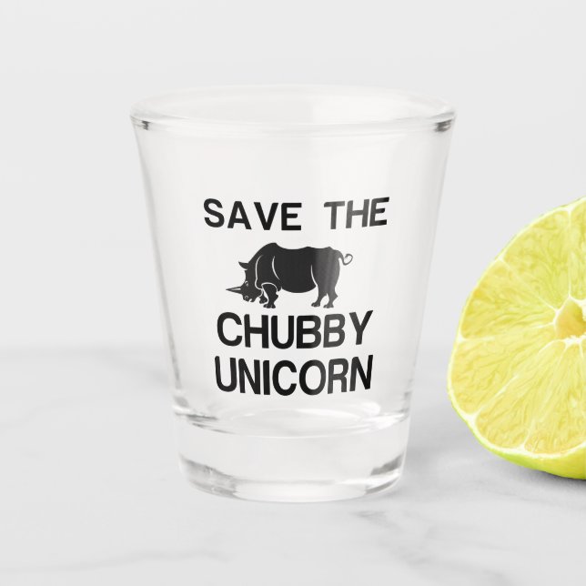 SAVE THE CHUBBY UNICORN RHINO SHOT GLASS (Front)