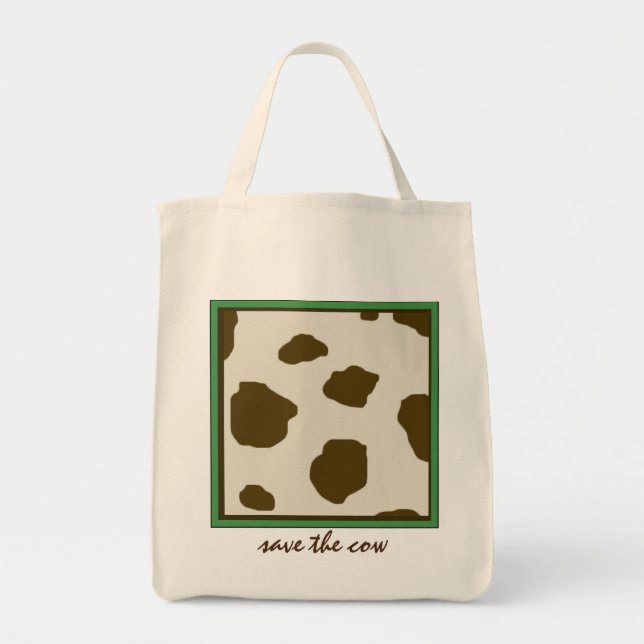 SAVE THE COW Brown Faux Cow Skin Tote Bag (Front)
