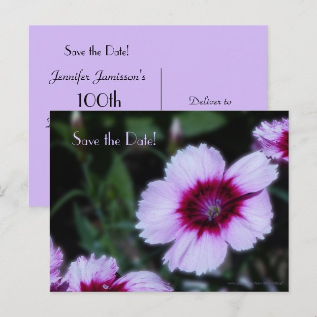 Save the Date 100th Birthday Party Purple Flowers Announcement Postcard (Front/Back)