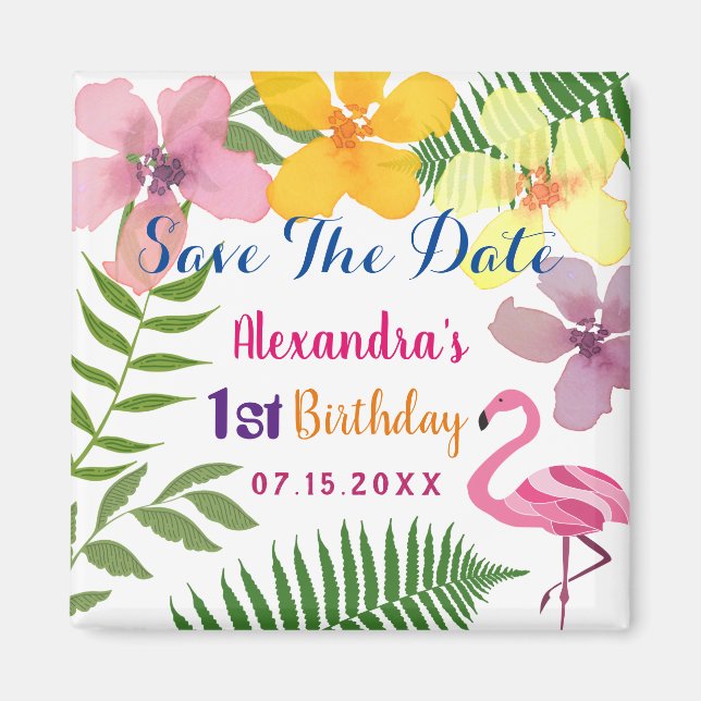 Save The Date 1st Birthday Luau Pink Flamingo Magnet (Front)