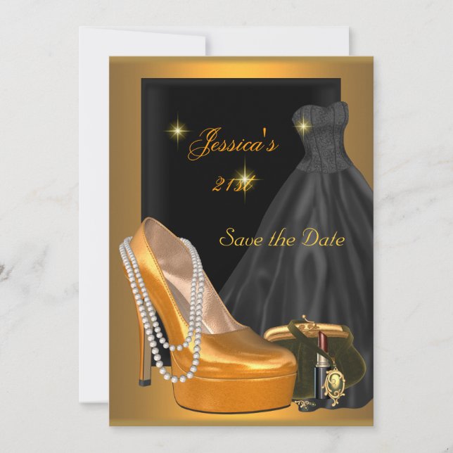 Save the Date 21st Birthday Party Gold Orange (Front)