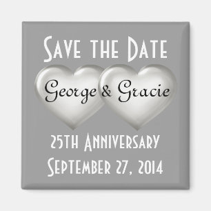 Save the date 25th anniversary silver glass hearts magnet