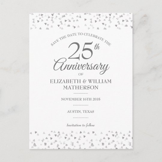 Save the Date 25th Anniversary Silver Love Hearts Postcard | Zazzle.co.uk