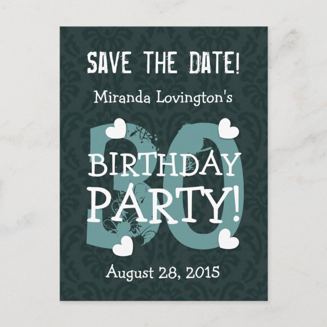 Save the Date 30th Birthday Party V30B TEAL GREEN Announcement Postcard (Front)