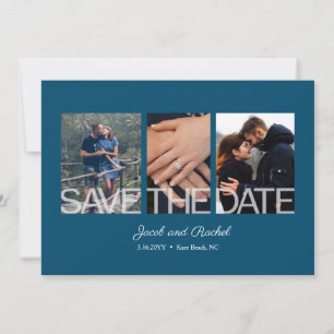 Save the Date 3-Photo Blue Wedding Engagement