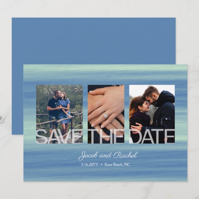Save the Date 3-Photo Collage Blue Beach Wedding (Front/Back)