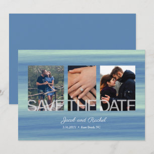 Save the Date 3-Photo Collage Blue Beach Wedding
