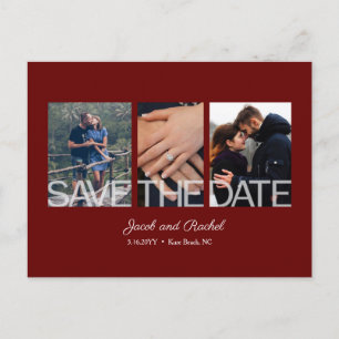 Save the Date 3-Photo Collage Burgundy Red Wedding Postcard