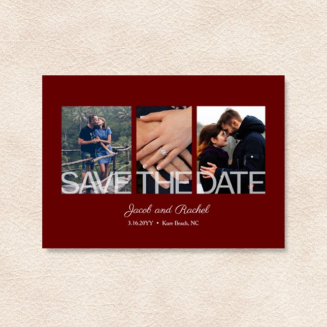 Save the Date 3-Photo Collage Red Burgundy Magnet (Creator Uploaded)