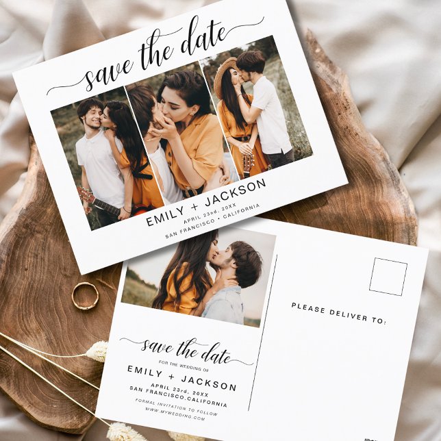 Save the Date 4 Photo Elegant Editable Modern Postcard (Creator Uploaded)