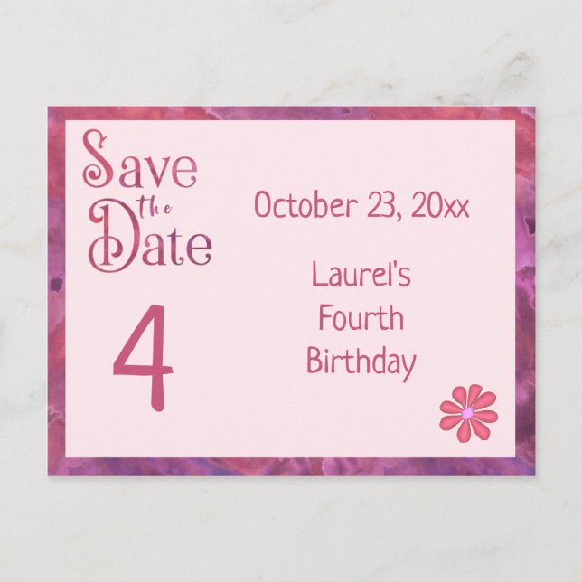 Save the Date 4th Birthday for a Girl Announcement Postcard (Front)