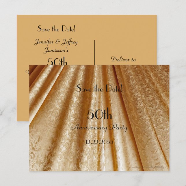Save the Date 50th Anniversary Floral Gold Fabric Announcement Postcard (Front/Back)