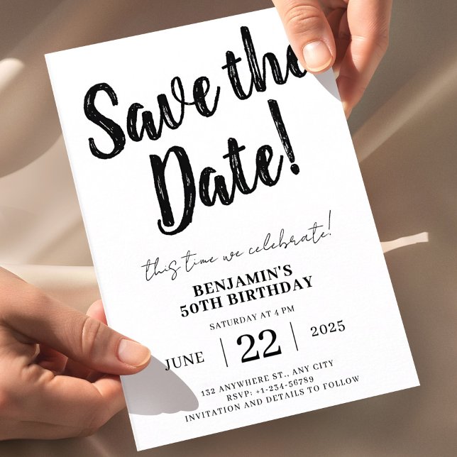 Save The Date 50th Birthday  Invitation (50th Birthday Save the Date, Minimal Black and White Invitation, Modern Birthday Invite, Editable Bi)