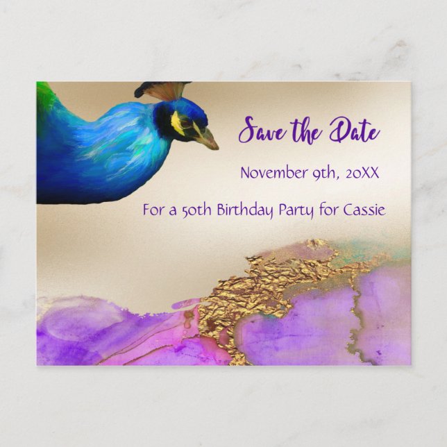 Save the Date 50th Birthday Party Peacock Design Announcement Postcard (Front)