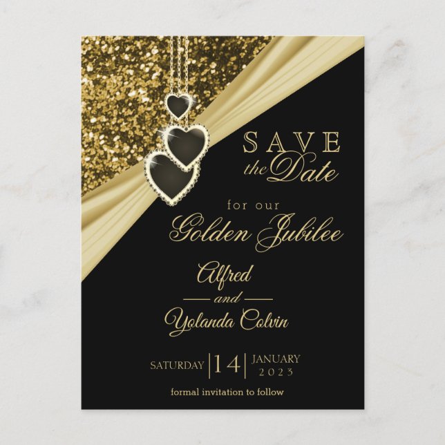 Save the Date - 50th Gold Glitter Anniversary  Announcement Postcard (Front)