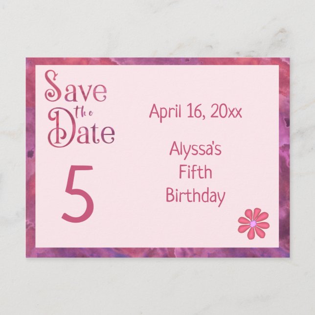 Save the Date 5th Birthday for a Girl Announcement Postcard (Front)
