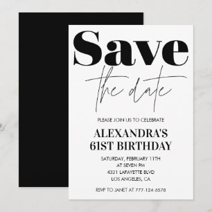 Save the date 61st birthday invitation Black White