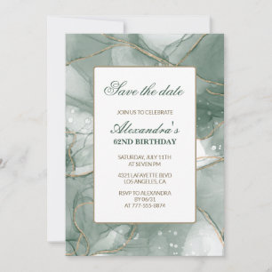 Save the date 62nd birthday invitations Green Gold