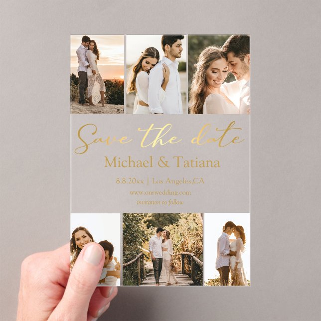 save the date 6 photos collage gold script wedding acrylic invitations (Insitu (Handheld))