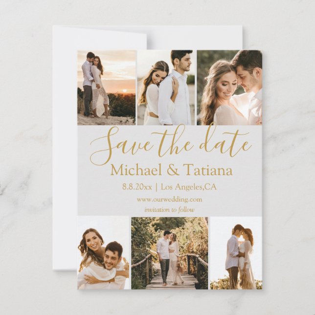 save the date 6 photos collage wedding gold invitation (Front)