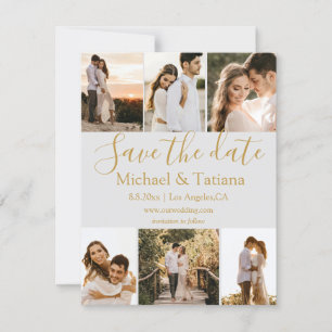 save the date 6 photos collage wedding gold invitation