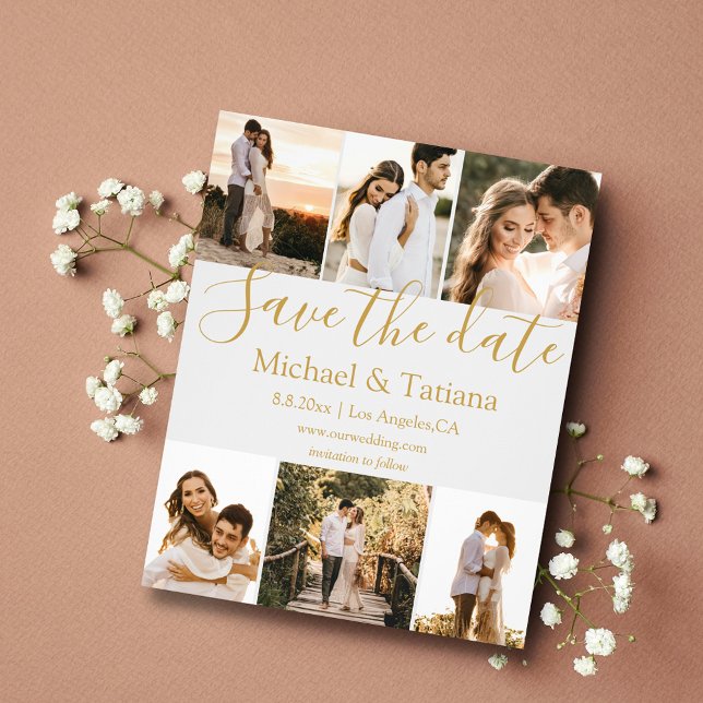 save the date 6 photos collage wedding golden flyer (Creator Uploaded)