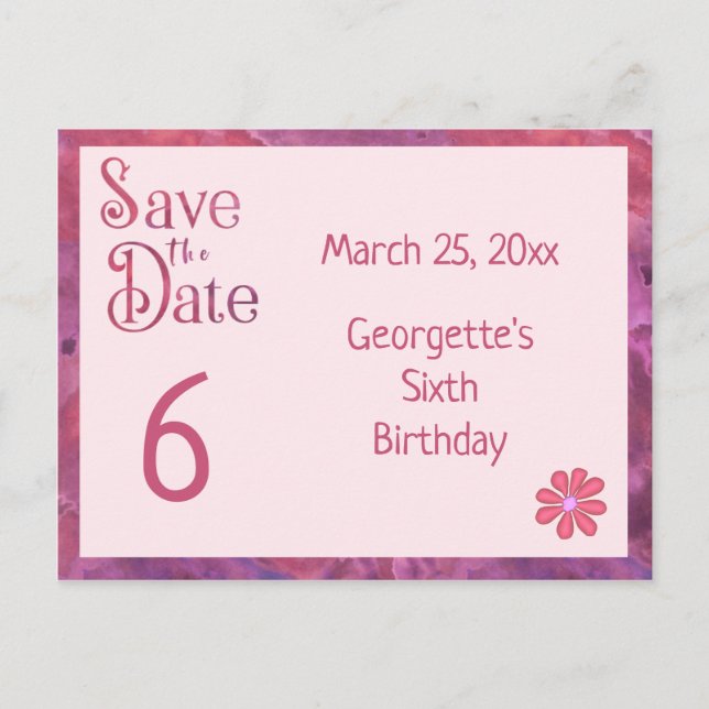 Save the Date 6th Birthday for a Girl Announcement Postcard (Front)