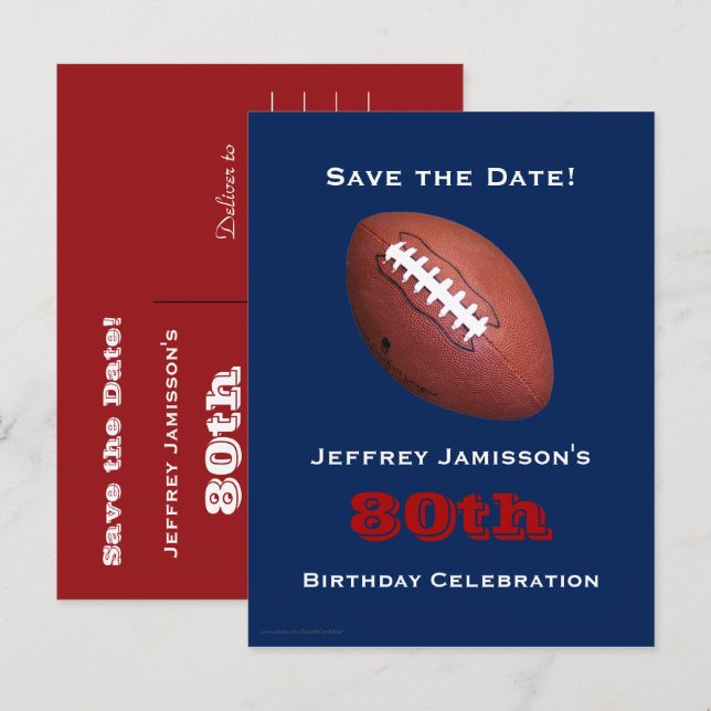 Save the Date 80th Birthday Football Blue Red Announcement Postcard (Front/Back)