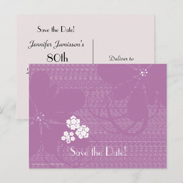 Save the Date 80th Birthday Party Purple Floral Announcement Postcard (Front/Back)