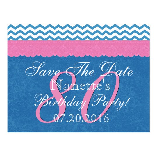 Save the Date 80th Birthday Pink Blue Lace Postcard