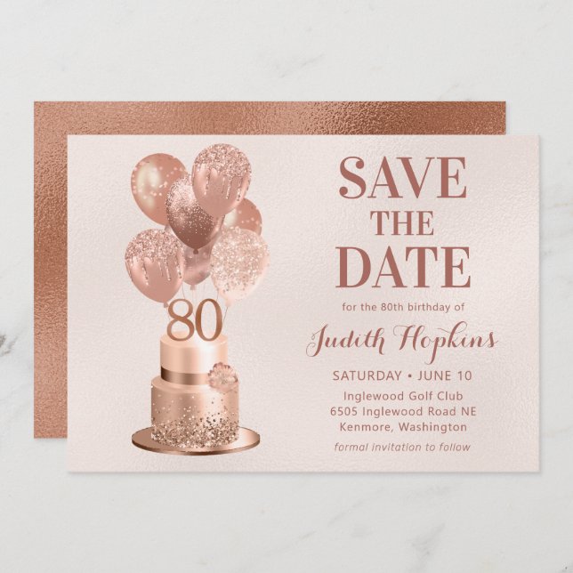 Save The Date 80th Birthday Rose Gold Cake (Front/Back)