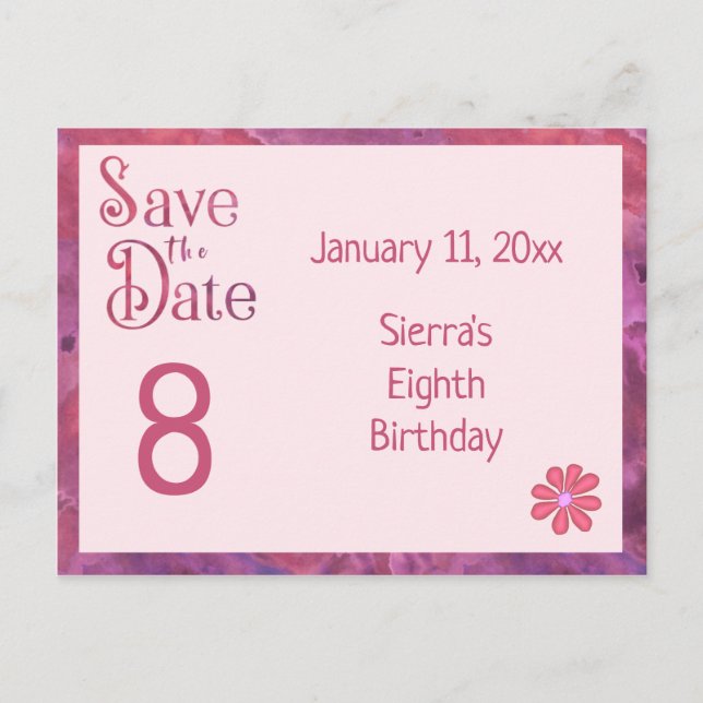 Save the Date 8th Birthday for a Girl Announcement Postcard (Front)