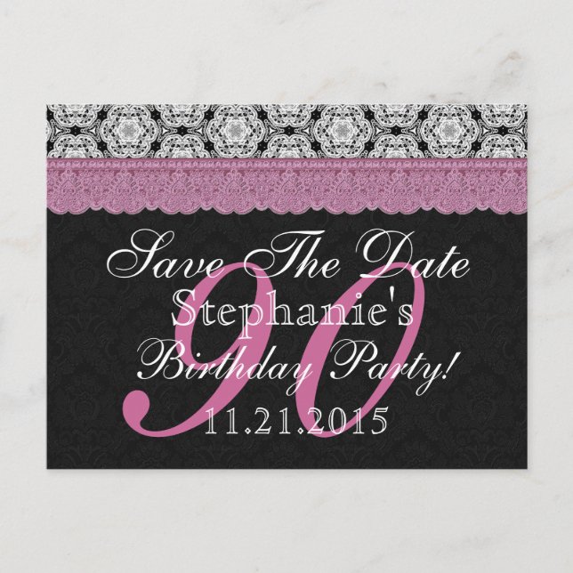 Save the Date 90th Birthday Black White Pink Lace Announcement Postcard (Front)