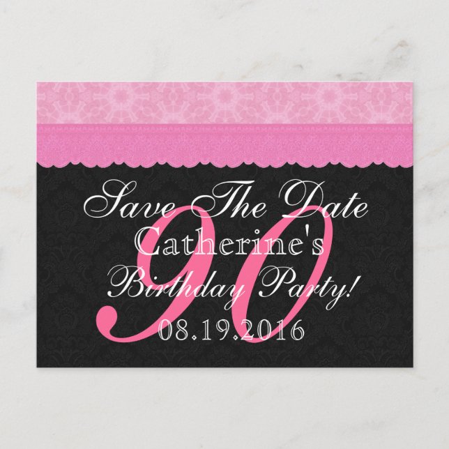 Save the Date 90th Birthday Pink and Black Lace Announcement Postcard (Front)