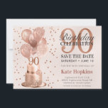 Save The Date 90th Birthday Rose Gold Cake<br><div class="desc">This fabulous 90th birthday party Save the Date card featuring a 2-layer rose gold cake with rose gold balloons, the number 90 in rose gold and shiny rose gold confetti would be perfect for asking people to put this special date aside for the upcoming 90th Birthday Party. It is traditional...</div>