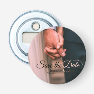 Save the date add couple name place date photo tex bottle opener