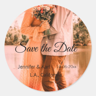 Save the date add couple name place date photo tex classic round sticker
