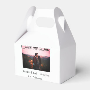Save the date add couple name place date photo tex favour box