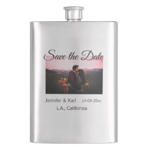 Save the date add couple name place date photo tex hip flask