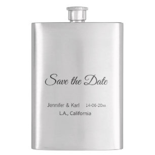 Save the date add couple name place date photo tex hip flask